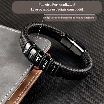 Pulseira Masculina Couro Nomes Personalizados - Grave até 8 nomes